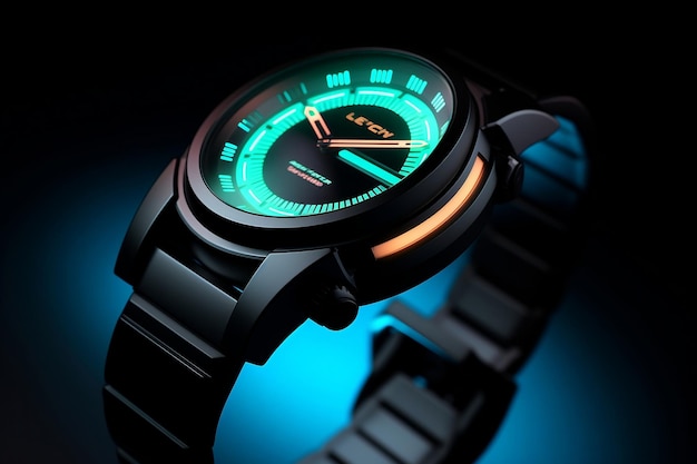 Een visueel prachtige illustratie van een futuristisch horloge met levendige neonkleuren en een technologisch ontwerp Generative Ai