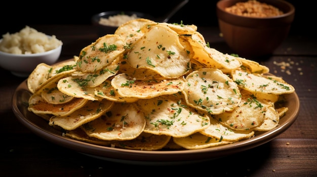 Een visueel verleidelijk shot aardappelchips met knoflookparmezaanse smaak