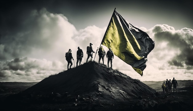 Een vlag bovenop een berg met het woord oorlog erop