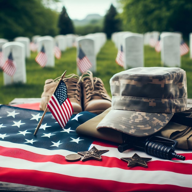 een vlag en een soldaten laarzen zitten op een tafel met een vlag en Een vlag