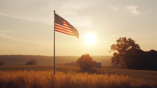 Een vlag in een veld met daarachter de ondergaande zon