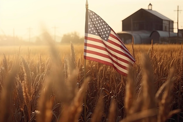 Foto een vlag in een veld met een schuur op de achtergrond