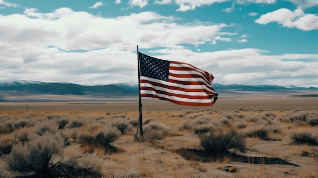 Een vlag midden in een woestijn met bergen op de achtergrond