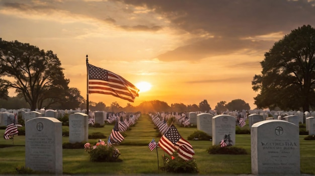Een vlag vliegt over een begraafplaats bij zonsondergang.