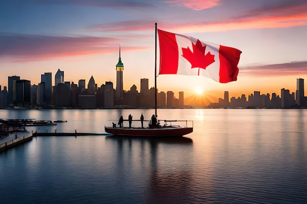 Een vlag wappert boven een boot voor de skyline van een stad.