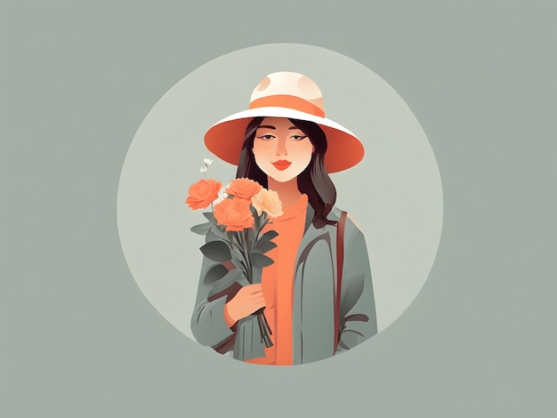 Een vlakke afbeelding van een meisje dat een hoed draagt en bloemen vasthoudt