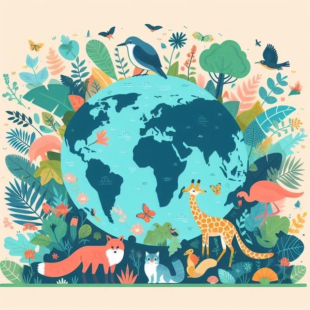 Een vlakke illustratie van de dieren in de wereld met flora en fauna