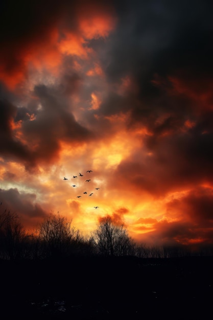 Een vlammende zonsondergang met vogels die boven bomen vliegen in de stijl van een humeurige sfeer, kleur plons atmosferische wolken