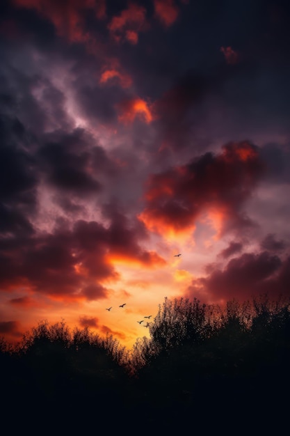 Een vlammende zonsondergang met vogels die boven bomen vliegen in de stijl van een humeurige sfeer, kleur plons atmosferische wolken