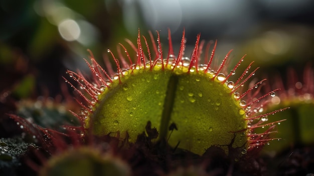 Een vleesetende plant met waterdruppels op zijn huid