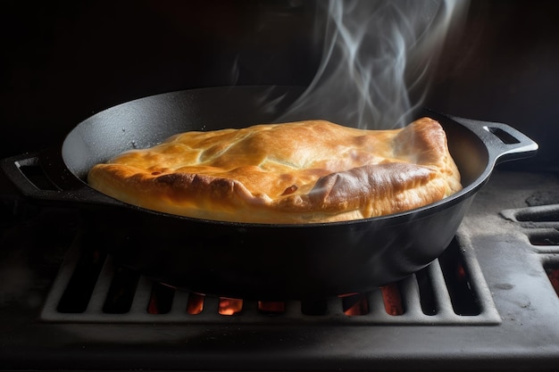 Foto een vleespastei in een gietijzeren koekenpan met stoom die uit de korst opstijgt, gemaakt met generatieve ai