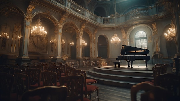 Een vleugel staat in een balzaal met een piano op de voorgrond.