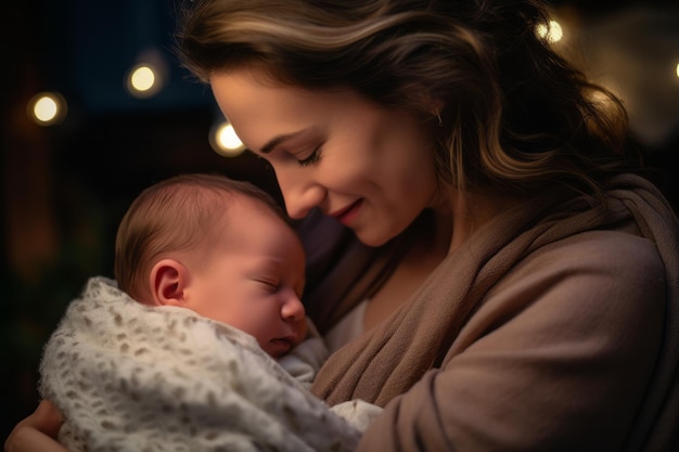 Een vleugje liefde Een moeder die haar pasgeboren baby omhelst met ineengestrengelde vingers