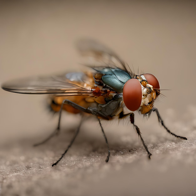 Foto een vlieg met een rode neus en oranje vleugels