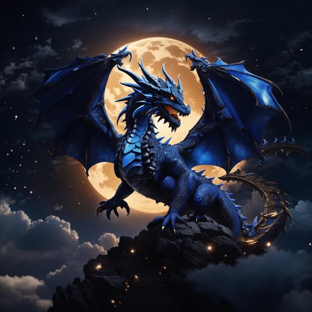 Een vliegende hemelblauwe draak met een halve maan.