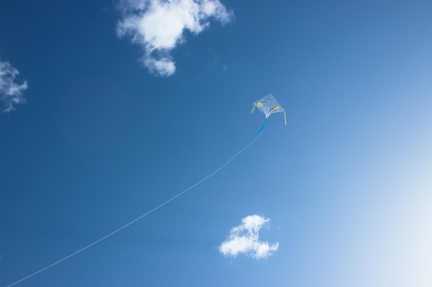 Een vlieger die in de lucht zweeft. Blauwe lucht en wolken op de achtergrond.