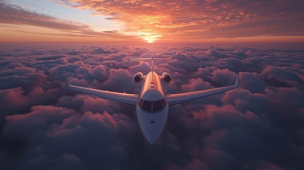 Een vliegtuig dat bij zonsondergang boven de wolken vliegt