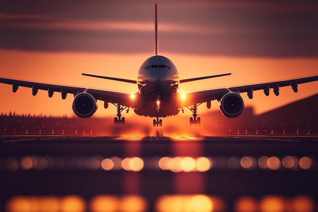 Een vliegtuig dat landt met een prachtige zonsondergang op de achtergrondxA