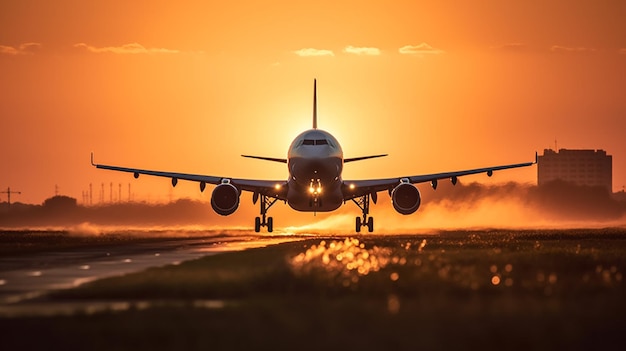 Een vliegtuig dat opstijgt bij zonsondergang Generatieve AI