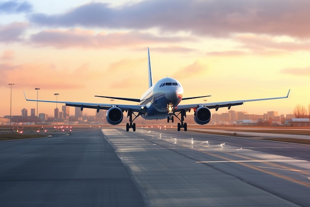 Een vliegtuig dat van een luchthaven opstijgt Vliegtuig dat van de landingsbaan van een luchthaven opstijgt achtergrondillustratie voor productpresentatie sjabloon kopieerruimte