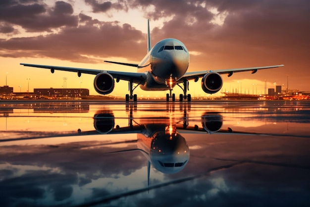 Een vliegtuig met passagiers vertrekt 's avonds bij zonsondergang van een moderne luchthaven