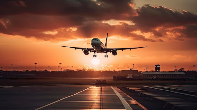 Een vliegtuig staat geparkeerd op een luchthaven met daarachter de ondergaande zon