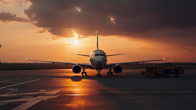 Een vliegtuig staat geparkeerd op een luchthaven met daarachter de ondergaande zon