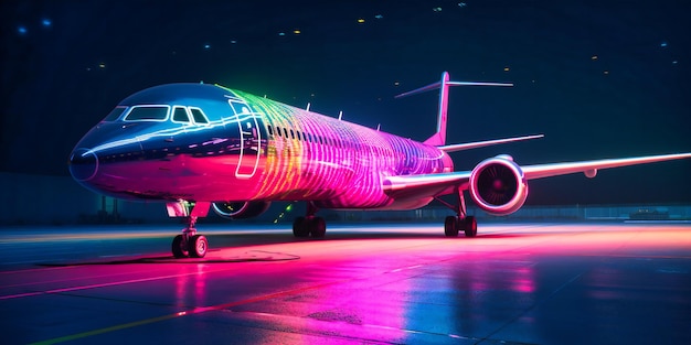 Een vliegtuig staat op de landingsbaan voor kleurrijke lichten