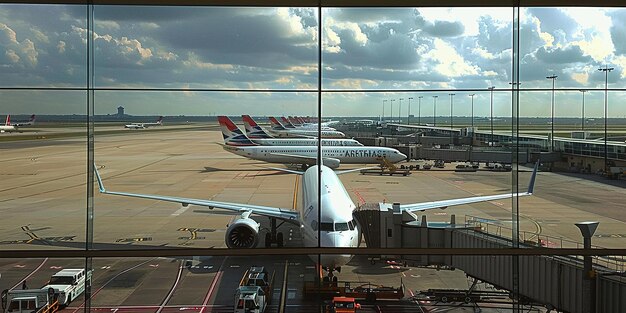 Een vliegtuig staat op de luchthaven en de andere vliegtuigen staan geparkeerd.
