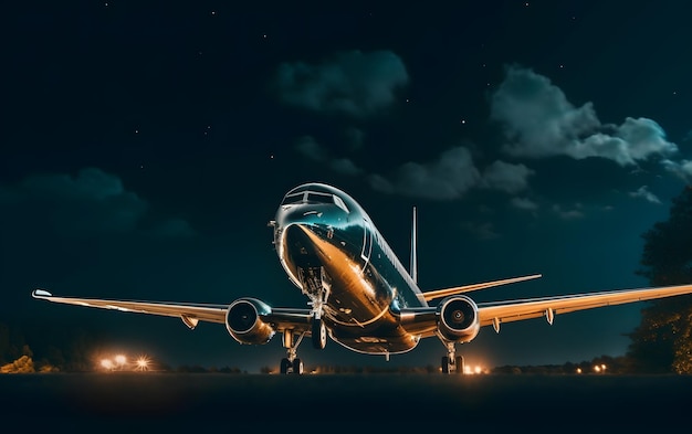 Een vliegtuig staat 's nachts op de landingsbaan met de lichten aan.