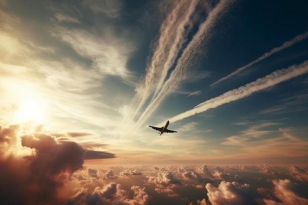 Een vliegtuig vliegt over de wolken met het woord vliegtuig erop.