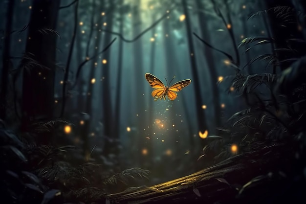 Een vlinder die in het donker vliegt met een lichtje op de achtergrond