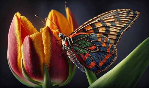 Een vlinder die op een kleurrijke tulp rust