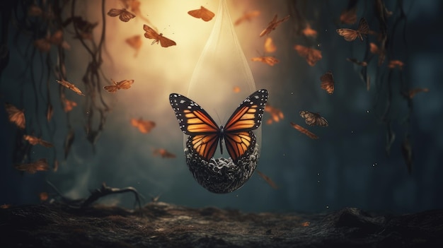 Een vlinder die uit een cocon komt, wat transformatie en groei in de geest betekent.