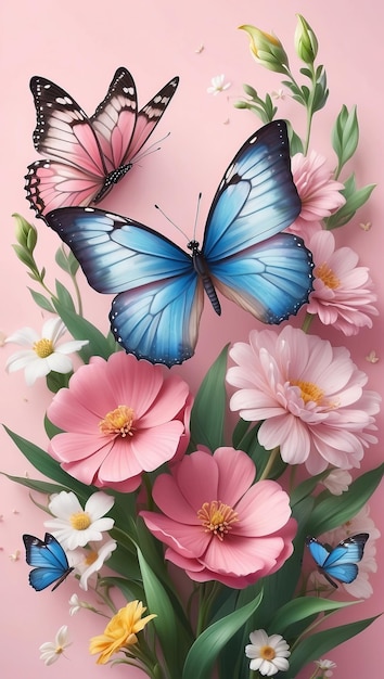 een vlinder en bloemen op een roze achtergrond