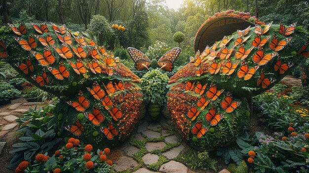 Foto een vlinder gemaakt van bloemen en bladeren is te zien