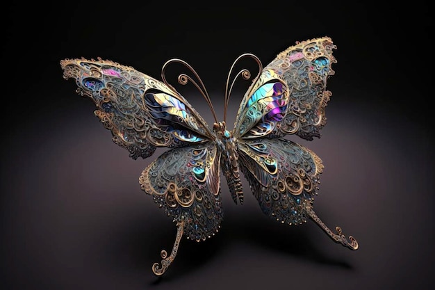 Een vlinder is gemaakt van metaal en heeft een blauw en goud patroon erop.