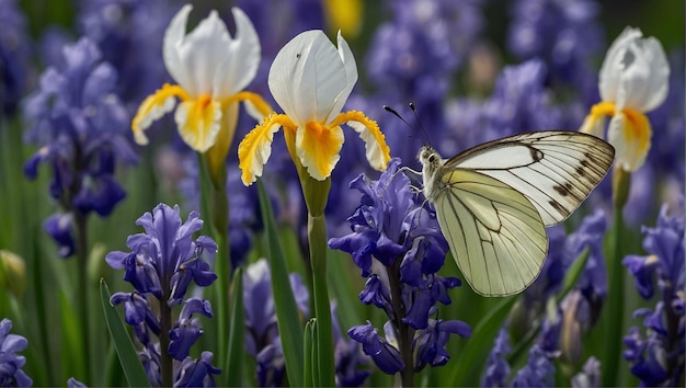 een vlinder is op de bloemen en de vlinder is wit