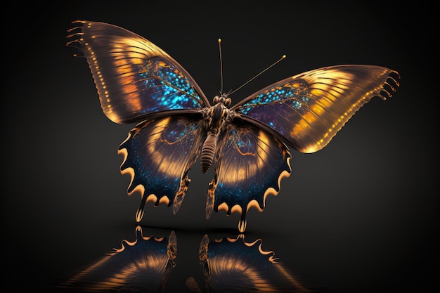 Een vlinder met blauwe en gouden vleugels en een zwarte achtergrond