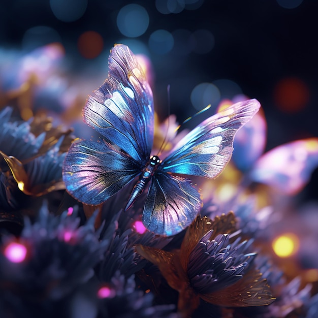 Een vlinder met blauwe vleugels en een roze licht erop