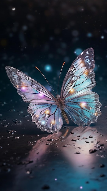 Een vlinder met blauwe vleugels zit op een natte ondergrond met regendruppels erop.