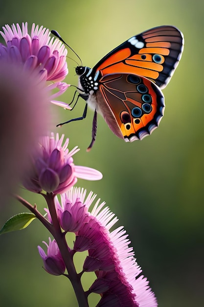Een vlinder met een feloranje en zwarte vleugel en blauwe vleugels zit op een bloem.