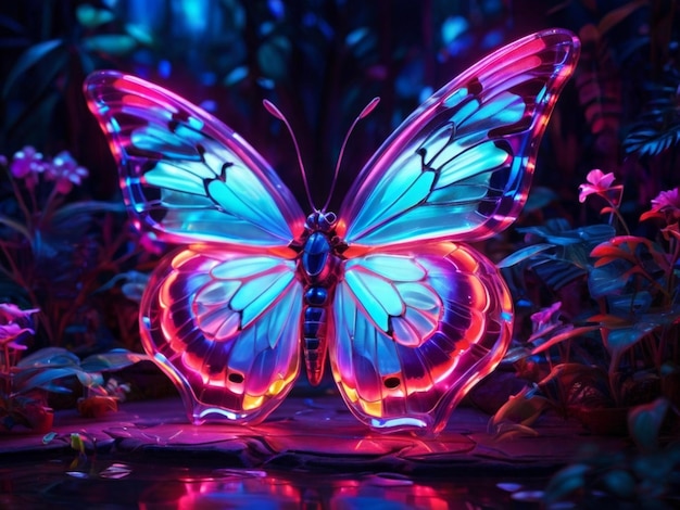 een vlinder met een paars en blauw lichaam en enkele planten