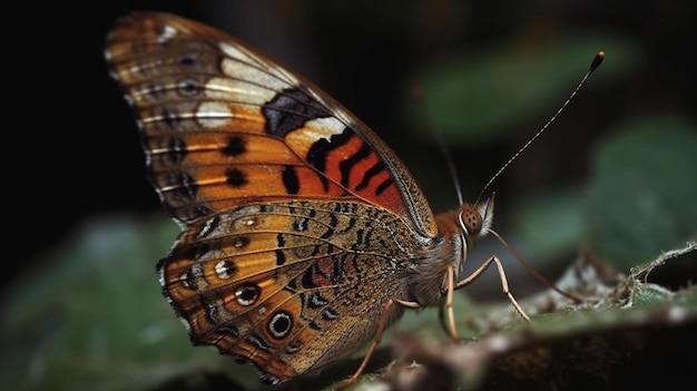 Een vlinder met een rode en zwarte vleugel zit op een tak.