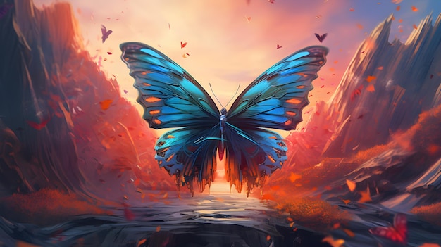 Een vlinder met een zonsondergang op de achtergrond