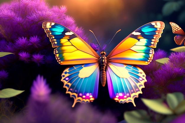 Een vlinder met felle kleuren op zijn vleugels