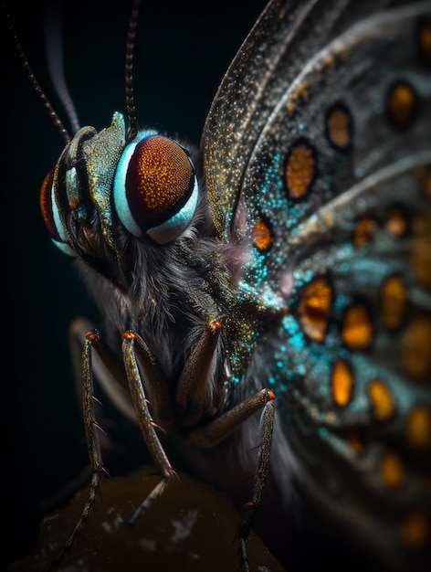 Een vlinder met oranje en blauwe ogen en blauwe vlekken