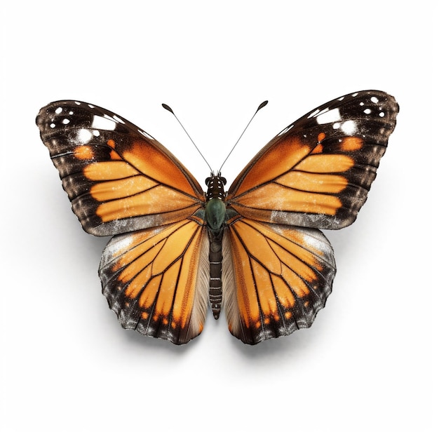 Een vlinder met oranje en zwart erop wordt getoond op een witte achtergrond.