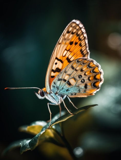 Een vlinder met oranje en zwarte aftekeningen zit op een blad.