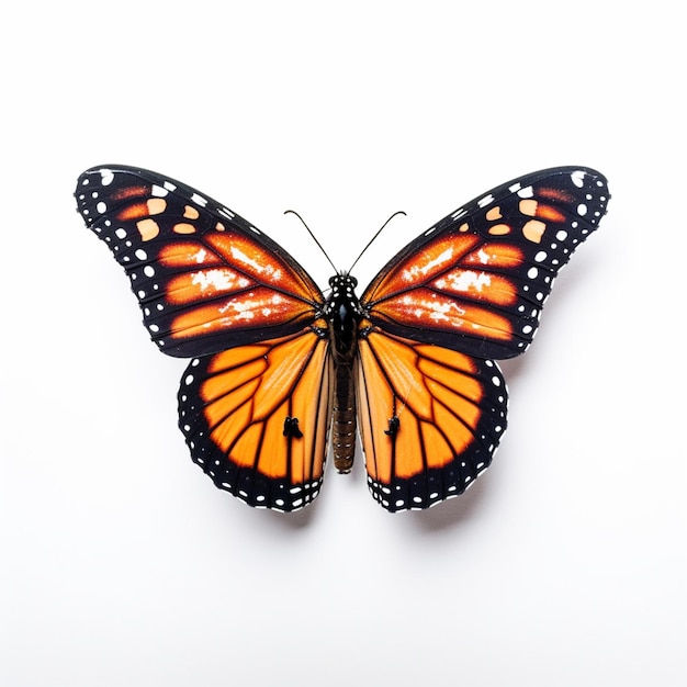 Een vlinder met oranje en zwarte vleugels en het woord monarch erop